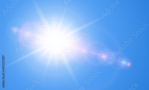 Sun with lens flare on blue sky, sunny background as hot weather concept, summer background illustration.