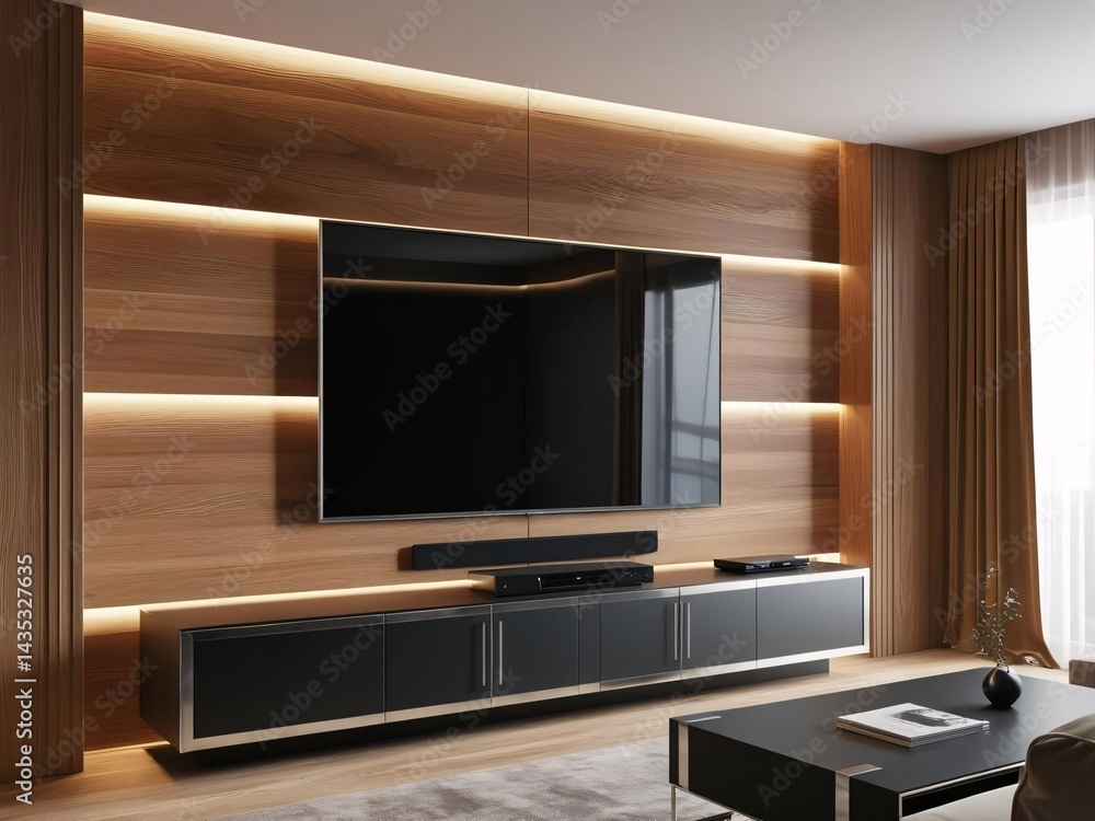 Modern Living Room Interior with Large TV and Wooden Wall Panel