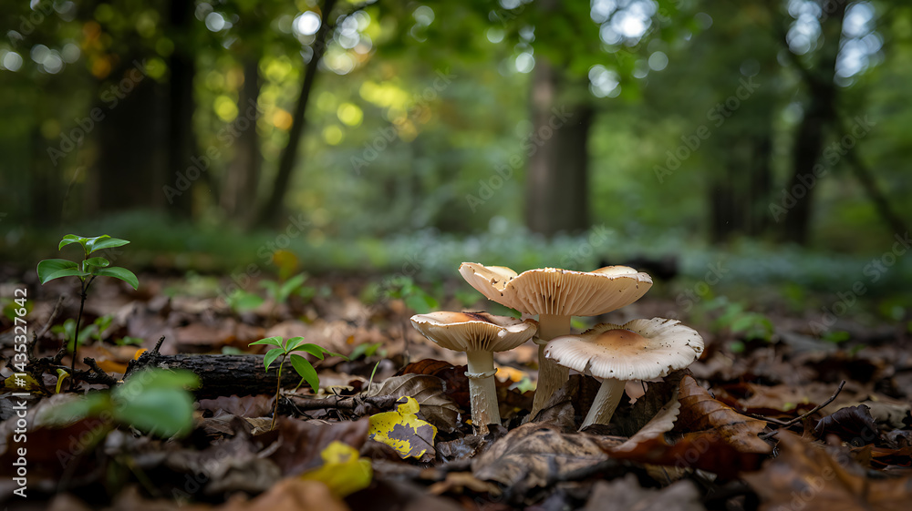 Fototapeta premium Magical forest mushrooms autumn foliage serene nature scene captivating beauty