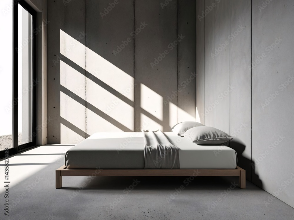 Modern Bedroom with Concrete Walls and Sunlit Bed