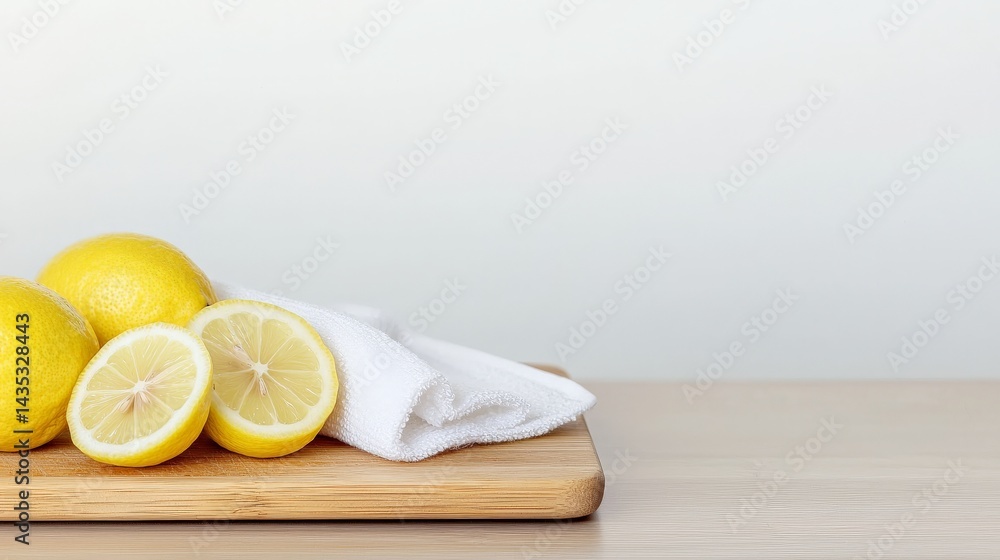Fresh lemons on a wooden cutting board with a white towel, highlighting vibrant colors and natural ingredients in a minimalist setting.