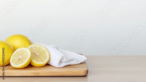 Obraz na płótnie Fresh lemons on a wooden cutting board with a white towel, highlighting vibrant colors and natural ingredients in a minimalist setting. w salonie
