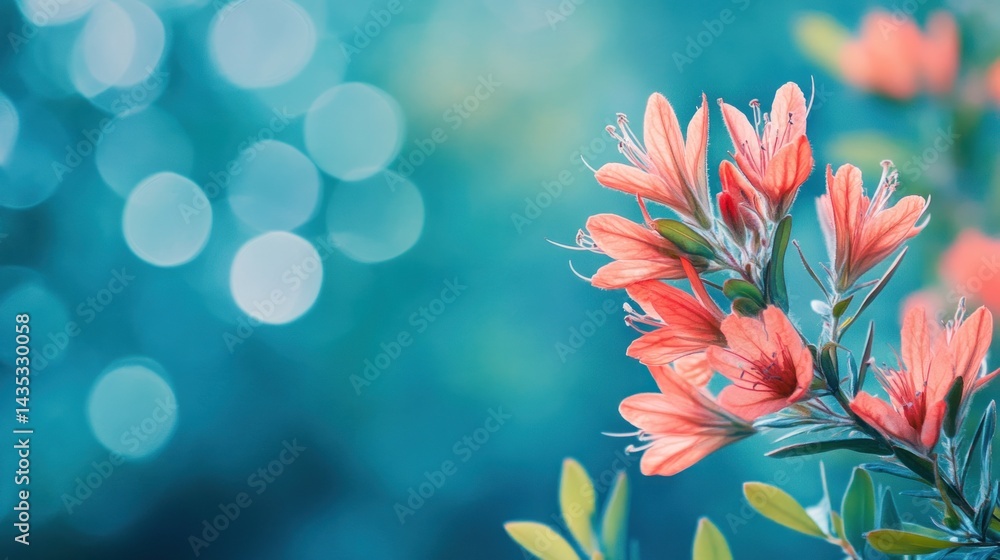 Fototapeta premium Coral flowers bloom on a teal background.