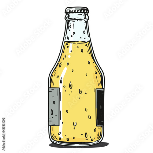 Glass bottle of yellow beverage with bubbles for drinks and refreshment
