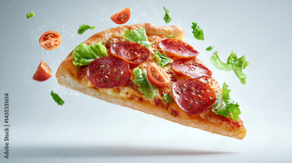 Flying Slice of Pizza: A mouthwatering slice of pizza, adorned with pepperoni, fresh vegetables, and delicious melted cheese, levitates gracefully against a clean backdrop.