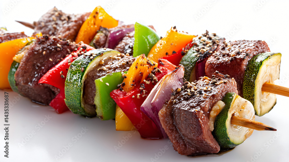Grilled Skewers with Fresh Vegetables: A mouthwatering skewer featuring tender chunks of grilled meat and a colorful assortment of fresh, perfectly cooked vegetables.