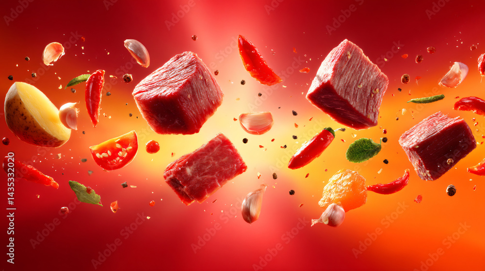Appetizing Meat and Fresh Vegetables: A dynamic display of succulent meat cubes and vibrant vegetables suspended mid-air against a rich gradient backdrop, ideal for culinary projects.
