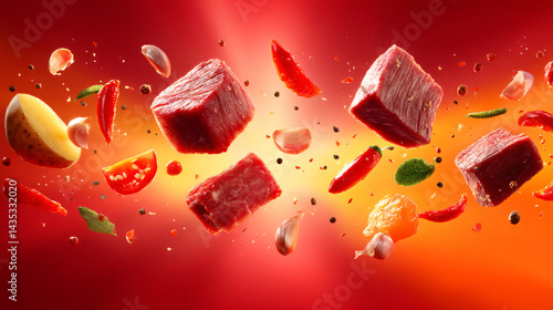 Obraz na płótnie Appetizing Meat and Fresh Vegetables: A dynamic display of succulent meat cubes and vibrant vegetables suspended mid-air against a rich gradient backdrop, ideal for culinary projects. w salonie