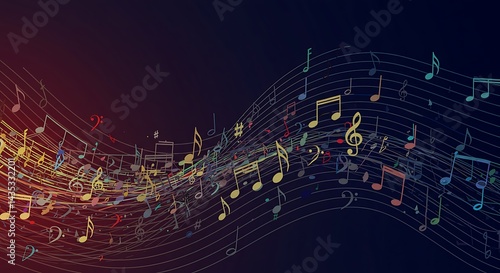 Colorful Music Notes Flowing Abstract Background