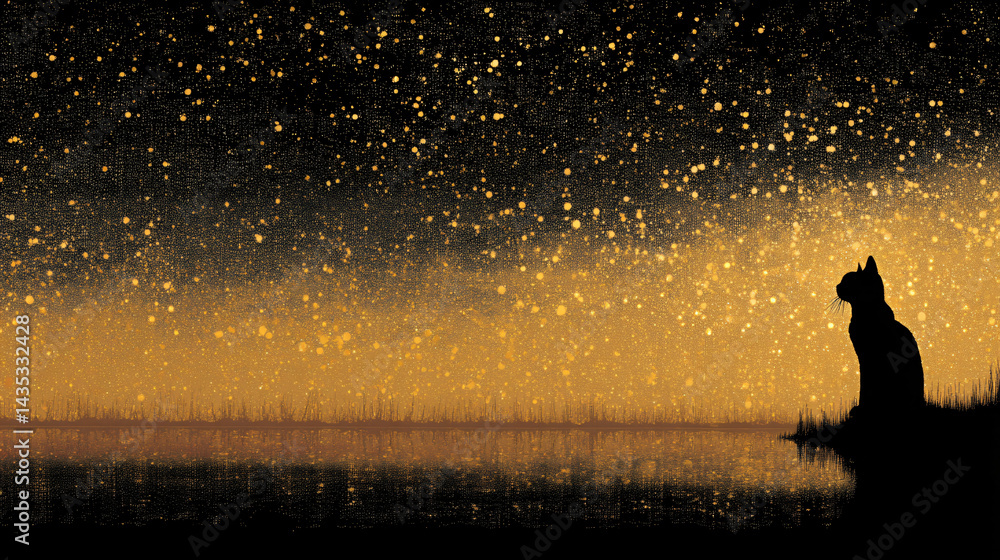 Cat Stargazing Serenity: A serene silhouette of a cat sits gracefully, gazing at a star-speckled sky above tranquil water, painting a scene of peaceful contemplation and wonder.