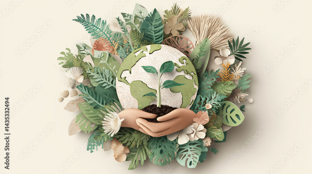 Nurturing Our Planet: A handcrafted paper artwork showcases the Earth cradled in gentle hands, a verdant seedling symbolizing growth, surrounded by lush, botanical elements.