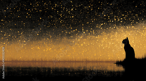 Cat Stargazing Serenity: A serene silhouette of a cat sits gracefully, gazing at a star-speckled sky above tranquil water, painting a scene of peaceful contemplation and wonder.