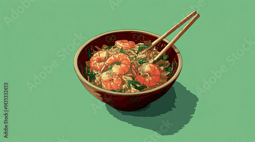 Appetizing Shrimp Noodle Bowl: Captivating a delicious serving of noodles with succulent shrimp, perfectly plated in a rich, flavorful broth and seasoned with fresh greens.