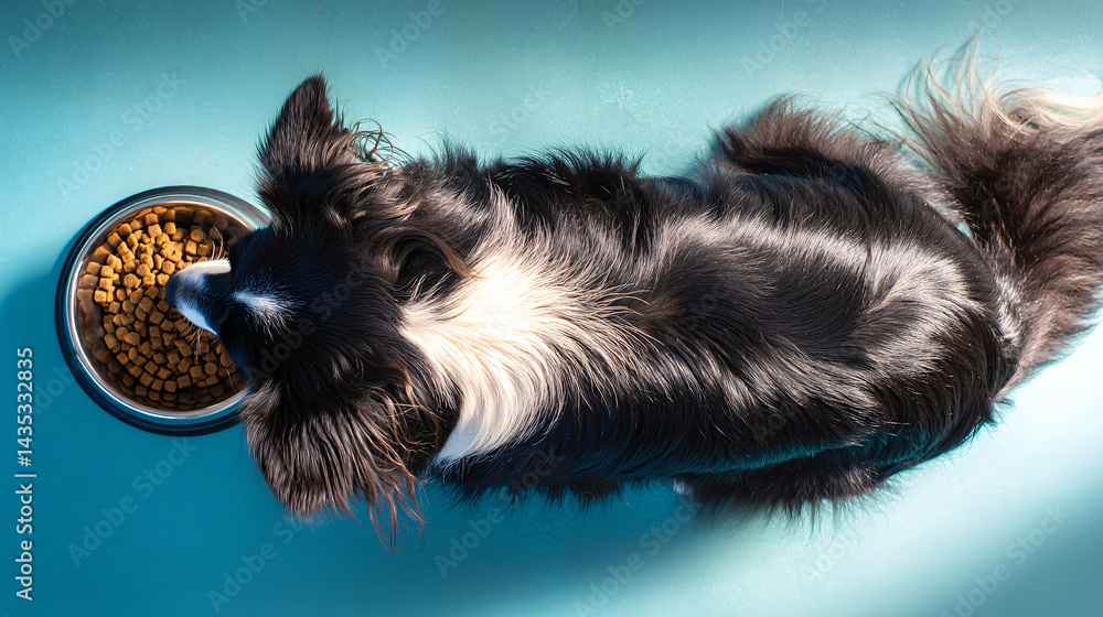 Canine Mealtime: A playful dog enjoys a hearty meal from its bowl, viewed from an overhead angle, depicting the pure joy of satisfying hunger and the simple pleasures of pet ownership.