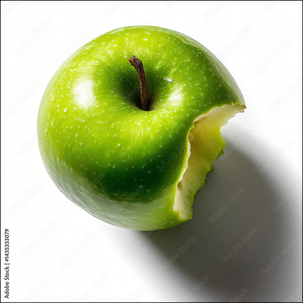 Bitten Green Apple: A close-up shot of a crisp, green apple with a single bite taken out, revealing its fresh, juicy interior, casting a subtle shadow.