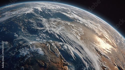 Earth's Oceanic Canvas: A breathtaking view from space showcases our planet's vibrant, oceanic and landmass features, bathed in the gentle illumination of a cosmic sunrise.