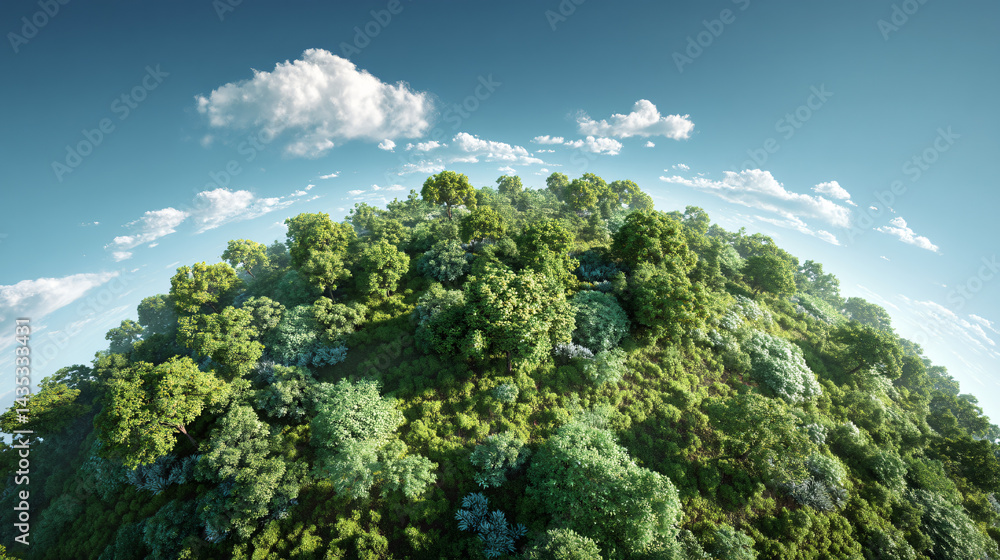 Miniature World: A breathtaking panorama of a lush green world, densely populated by a vibrant forest, stands under a radiant blue sky, evoking a sense of wonder and natural beauty.