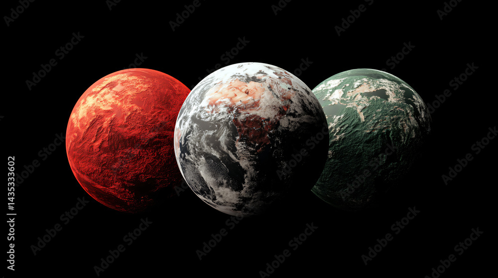 Celestial Trio: Three distinct planets in a row, each showcasing a unique appearance, float in the vast expanse of the cosmos. Illustrating the diverse beauty of the universe.