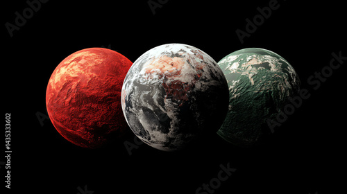 Obraz na płótnie Celestial Trio: Three distinct planets in a row, each showcasing a unique appearance, float in the vast expanse of the cosmos. Illustrating the diverse beauty of the universe. w salonie