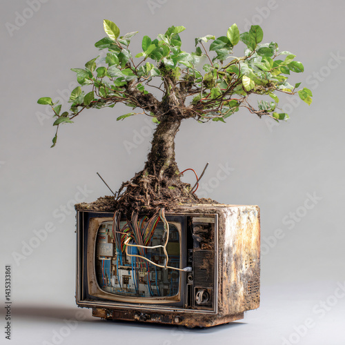 Obraz na płótnie Bonsai Tree Growing from Vintage Television: A conceptual artwork presents a bonsai tree flourishing from an old television, symbolizing nature's resilience and its integration with technology. w salonie