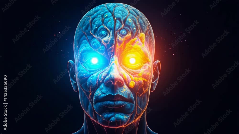 Mystical human face with glowing eyes explores duality energy Mystical human face with glowing eyes explores duality energy