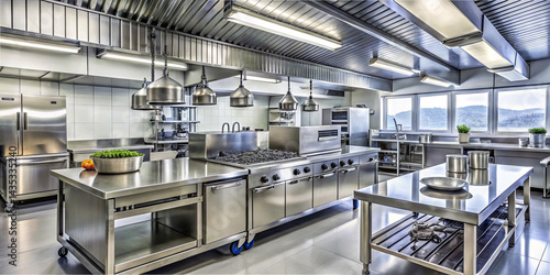 A spacious culinary kitchen features stainless steel appliances, an extensive cooking area, and large windows allowing natural light. Essential cooking equipment ensures efficient meal preparation
