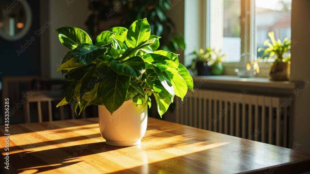 Fototapeta premium A vibrant houseplant sits atop a wooden table, bathed in sunlight filtering through a window. The scene radiates a sense of tranquility and indoor natural beauty