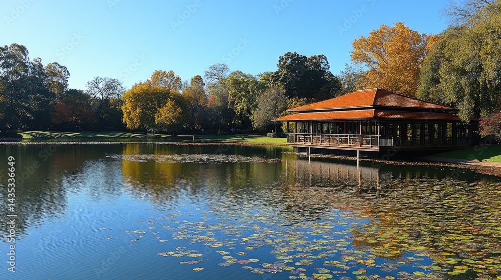 Tranquil autumnal scene by a serene pond with a traditional Asian-style pavilion Tranquil autumnal scene by a serene pond with a traditional Asian-style pavilion