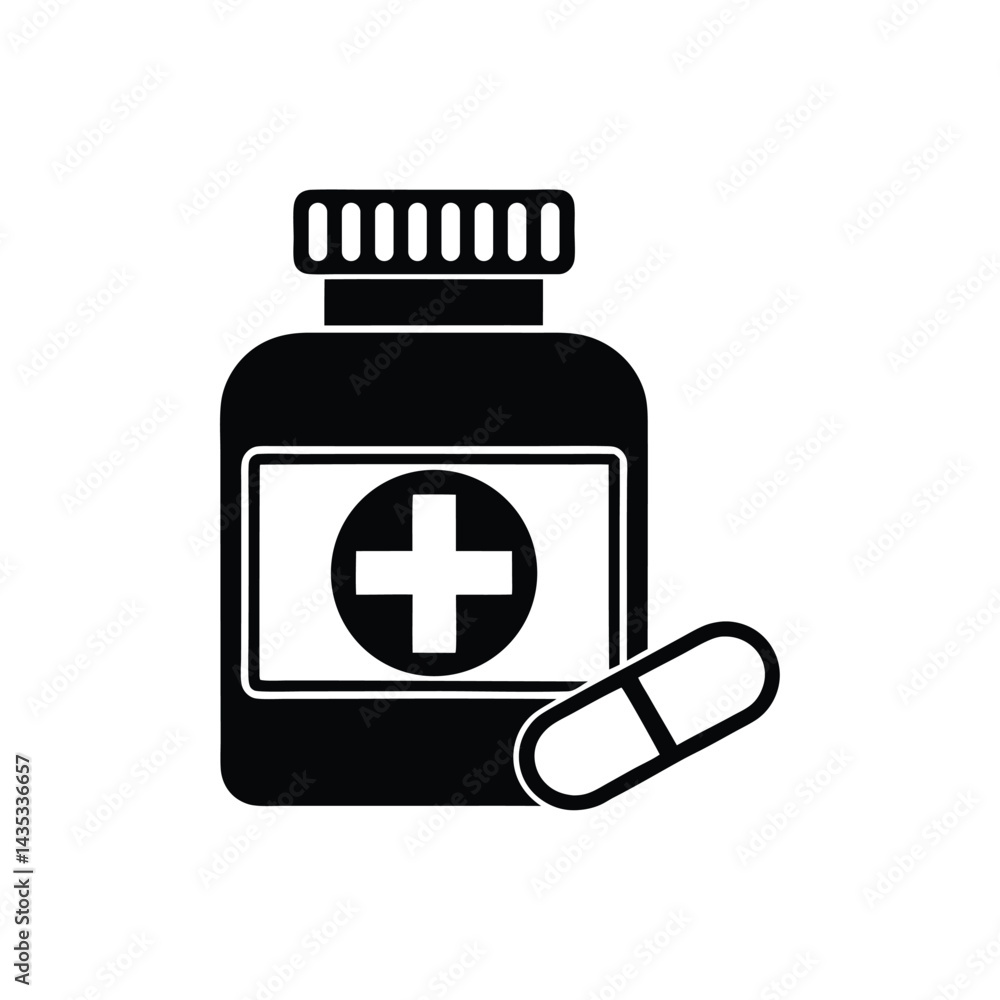 A silhouette medicine bottle with a cross symbol and a capsule vector Art & Illustration A silhouette medicine bottle with a cross symbol and a capsule vector Art & Illustration