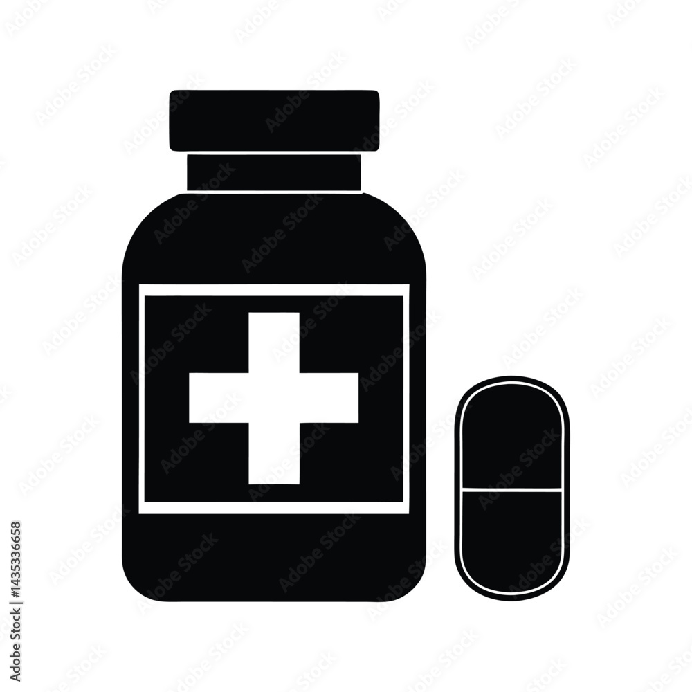 A silhouette medicine bottle with a cross symbol and a capsule vector Art & Illustration A silhouette medicine bottle with a cross symbol and a capsule vector Art & Illustration
