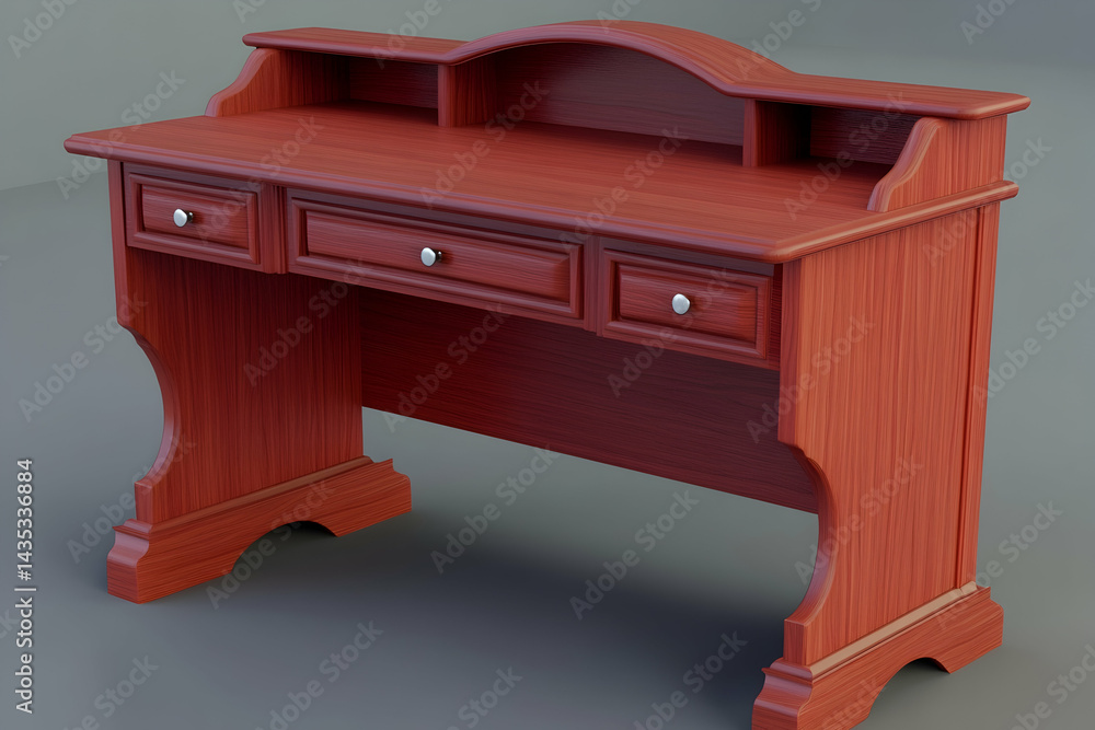 Elegant cherry wood writing desk with three drawers and a top shelf; perfect for home office or study. Elegant cherry wood writing desk with three drawers and a top shelf; perfect for home office or study.