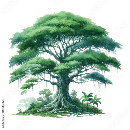 A watercolor green painted tree