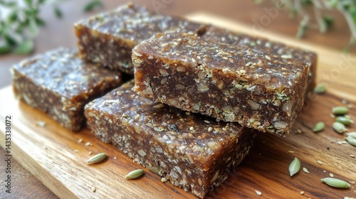 homemade energy bars with nuts, seeds, and dried fruits on a wooden board, clean and natural