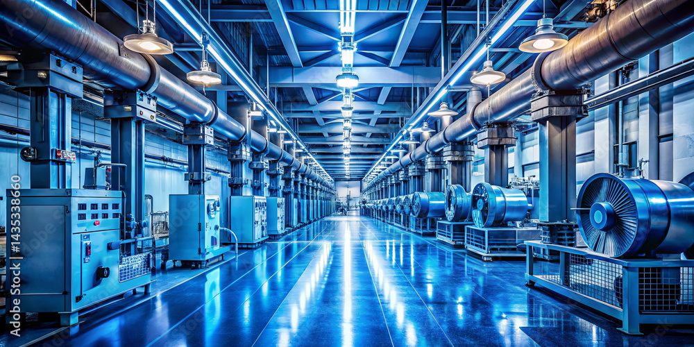 Fototapeta premium A spacious industrial facility showcases advanced machinery and equipment, featuring illuminated pipes and fans arranged in neat rows