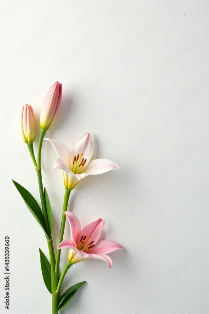 Fototapeta premium Minimalist composition of delicate easter lilies on white backdrop, petals, backdrop