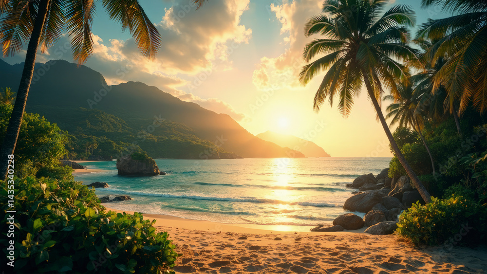 Fototapeta premium A tropical beach scene at sunset, the sun is setting over the ocean, creating a golden glow over the water. Palm trees frame the scene.