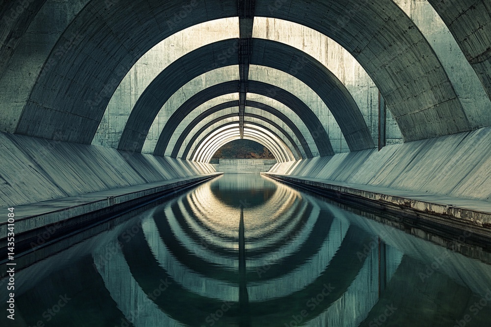 Obraz premium Vaulted bridge structure creates stunning mirror reflection beneath in calm water during early morning light