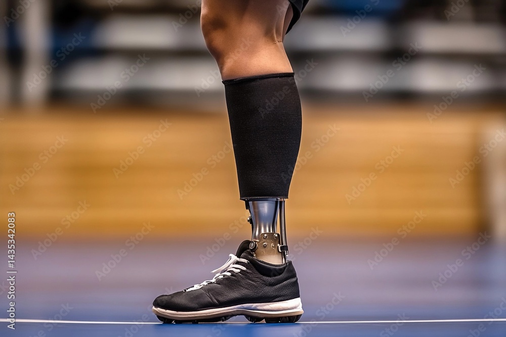 Naklejka premium Close-up of person with prosthetic leg walking on court during sunset, highlighting resilience and strength in athletic pursuit