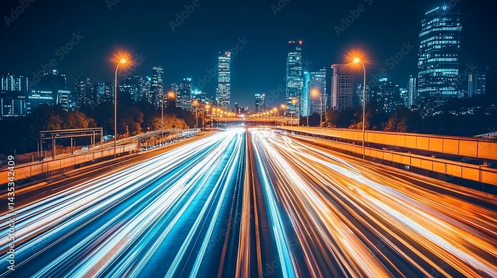 Obraz premium Night city highway with blurred motion light trails. Urban landscape at night with illuminated skyscrapers and a busy highway