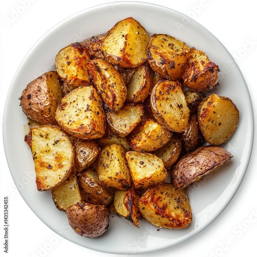 A top view of a plate filled with seasoned roasted red potatoes dish