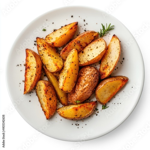 A top view of a plate with roasted potato wedges and herb sprigs on top