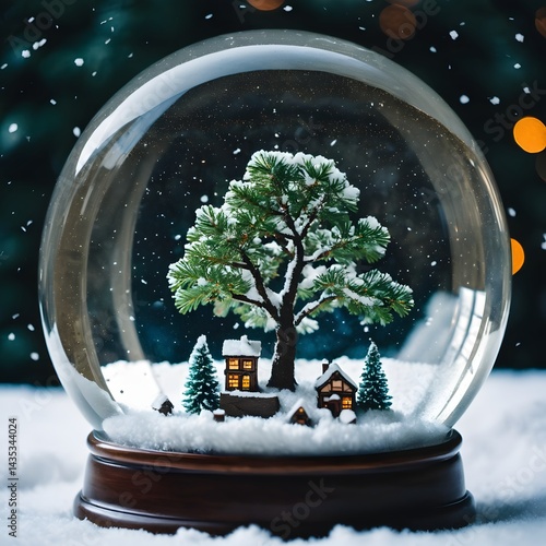 Snow Globe with Miniature Winter Village and Pine Tree