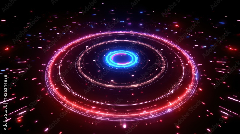 Obraz premium Abstract glowing circles with vibrant particles creating a dynamic visual effect on a dark background.