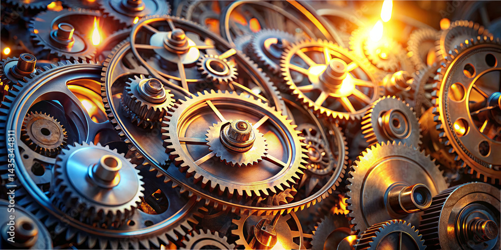 A detailed composition of various metallic gears and cogs, highlighted by warm light, showcasing the complexity of mechanical engineering in an industrial space A detailed composition of various metallic gears and cogs, highlighted by warm light, showcasing the complexity of mechanical engineering in an industrial space