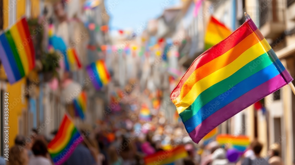 Fototapeta premium Vibrant Pride Parade: LGBTQ+ Rainbow Flags & Celebration