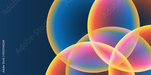 Abstract Background, Header or Banner Design with Large Red, Orange, Yellow and Blue Overlaying Globes, Bubbles Pattern - Multi Purpose Creative Wide Scale Template for Web in Editable Vector Format