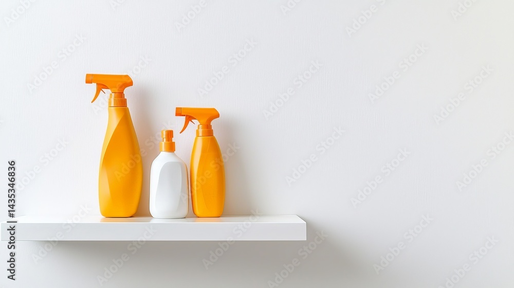 Three colorful spray bottles on a minimalist white shelf against a plain wall, showcasing a clean and organized aesthetic.