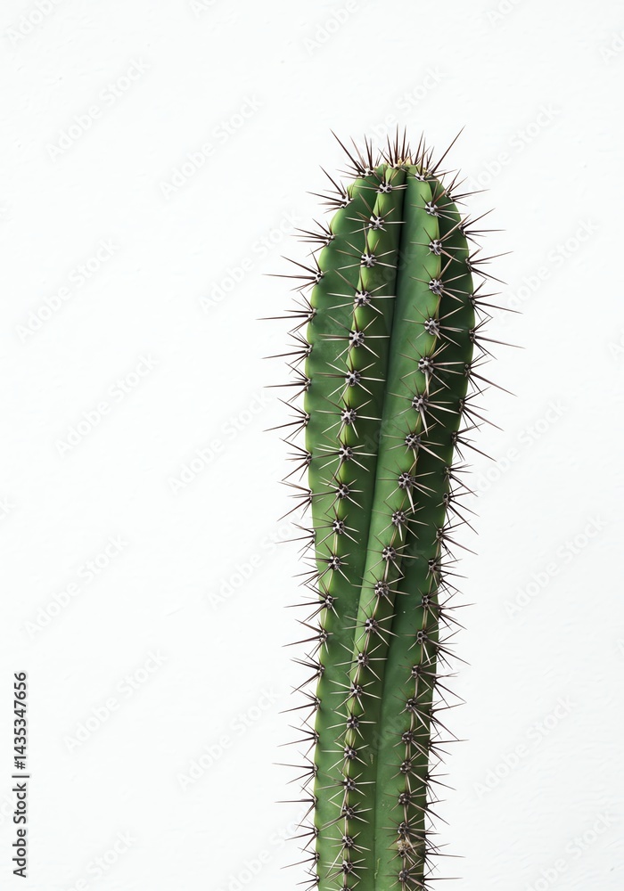 Naklejka premium Upright Cactus Plant Against White Background in Studio Lighting