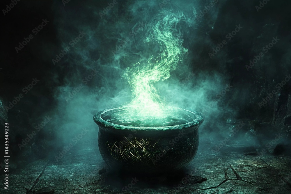 Cauldron boiling with dark smoke and flames in a mystical setting at night Cauldron boiling with dark smoke and flames in a mystical setting at night