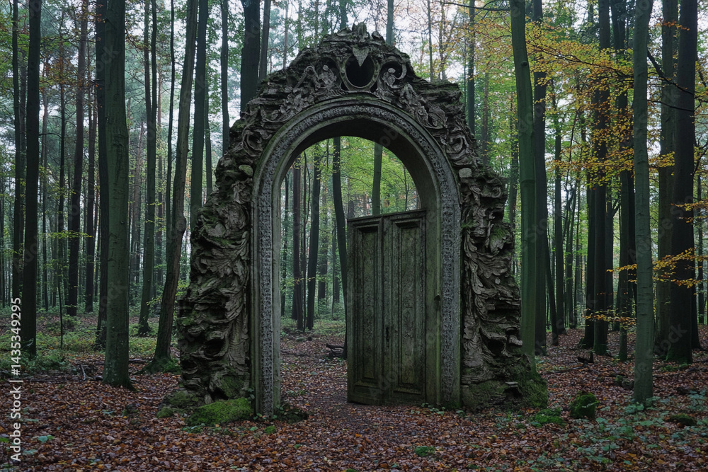 Obraz premium Mysterious stone gateway stands in a serene forest surrounded by tall trees on an overcast day